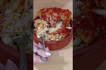 Delicious wine-braised little rooster 🍗🍷 cooked in a clay pot,  with thick pasta & cheese 🧀.