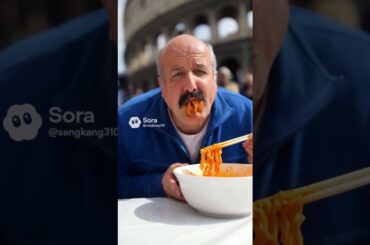 Funny instant noodle eating contest in Rome, Italy