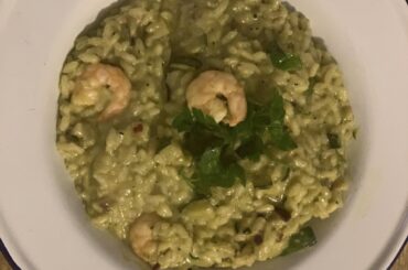 Courgette & king prawn risotto with basil pesto