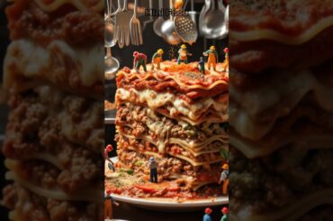 Giant lasagna from Italy delicious served by small workers #shorts #food #miniature