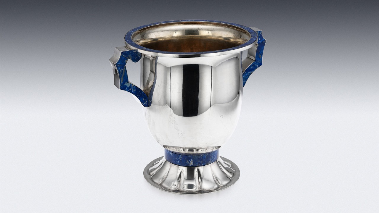 VINTAGE 20thC ITALIAN SOLID SILVER & LAPIS LAZULI LARGE WINE COOLER c.1970 VINTAGE 20thC ITALIAN SOLID SILVER & LAPIS LAZULI LARGE WINE COOLER c.1970