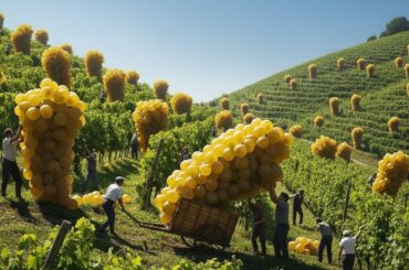 Italian Vineyard Harvesting 100 Tons of Prosecco Grapes on the Steep Hills of Valdobbiadene