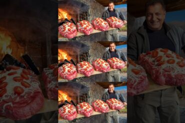 Beef Leg Steak Pizza Cooked in Wood Fire Oven | Giant Meat Feast #shorts #beef #steak #pizza #bbq
