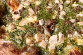 Pesto chicken and hot Italian sausage, sourdough pizza 🍕 with a little undercarriage action