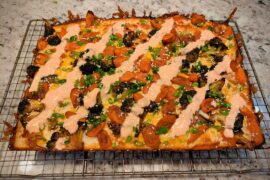 I call it the "Vaguely Asian" - roasted carrots/broccoli, chili crisp, green onions, sesame seeds, Sriracha yogurt.  96 hr dough + mozz/cheddar mix