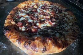 Homemade bbq chicken and bacon pizza.