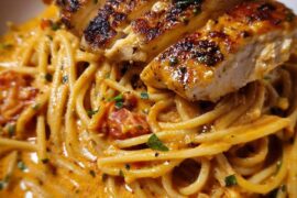 Spaghetti with Cheesy Tomato Garlic Sauce and Lemon Chicken