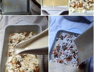 Kurdish lasagna filled with meat, mushrooms and white sauce