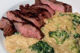 Cheesy orzo and broccoli with sirloin steak