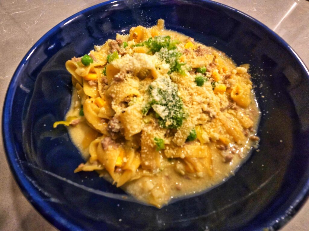 Pork Pappardelle w/ Cream Sauce, Sweet Peas, Corn & and shaved Jalapeño