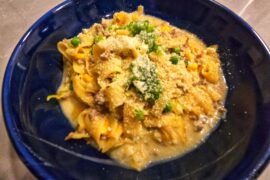 Pork Pappardelle w/ Cream Sauce, Sweet Peas, Corn & and shaved Jalapeño