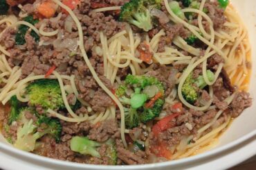 Broccoli & Beef in Garlic & Oil over Pasta