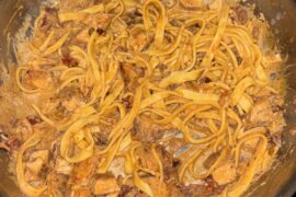 Creamy Tuscan Chicken w homemade pasta first time