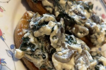 Bruschetta with spinach, mushrooms, and taleggio!
