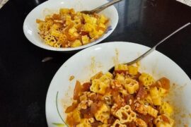 Hello Kitty pasta with diced tomato