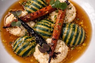 Veal Osso Bucco Ravioli, Veal Jus, Brown Sugar Roasted Carrot, Goat Cheese Polenta, Gremolata, Chive Oil