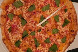 Pizzas I made for a pizza party last night (plain cheese + basil, mushroom, shrimp scampi, veggie pesto)