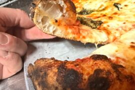 Cross section of fermentation at 73% hydration . Margarita pizza, wood fire oven.