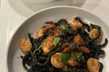 Squid ink pasta with shrimp