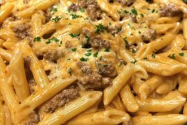 Creamy Velveeta Beef Stroganoff and Penne Pasta