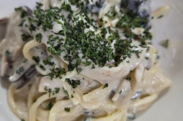Homemade cream pasta~ with a fresh salad on the side 🥗