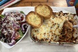 Not difficult, yet delicious. Baked angel hair with spicy and sweet sausage, beef, plus sautéed mushrooms.