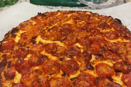 Homemade pepperoni pizza I made last night.