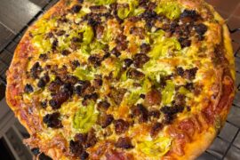 Sausage/pesto/pepperoncini, and plain sausage.