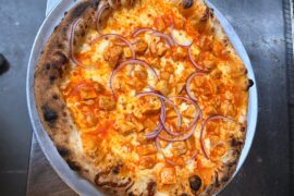 Buffalo chicken and “white out” sourdough Neapolitan pizza from today. New England Special… GO PATS!!! 73% hydration