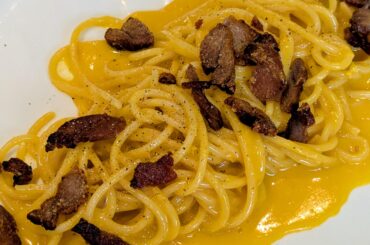 Carbonara with tuna bacon (cured tuna belly)