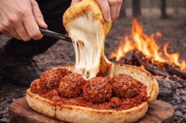 Italian Meatball Sandwich with Melted Cheese Over Fire | Outdoor Cooking in the Forest