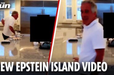 Disturbing footage shows Epstein laughing as he chases young women around kitchen on 'paedo island'