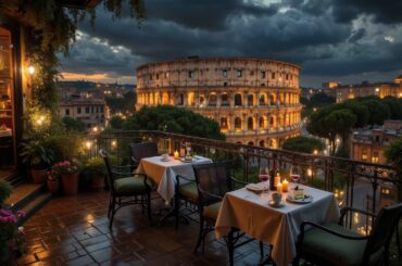 Romantic Rome Travel Photography | Fine Dining Terrace with Spectacular Colosseum Sunset View