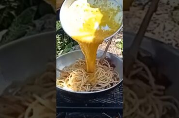 ASMR Cooking the Traditional Carbonara over the campfire! (NO CREAM)