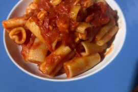 Rubacuori pasta with piccadilly tomatoes and salmonn