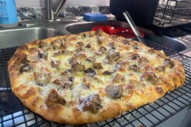 Had some leftover sausage stuffed mushrooms and also messed up weighing my dough forcing me to double the recipe. 1688g dough ball. It was meant to be.