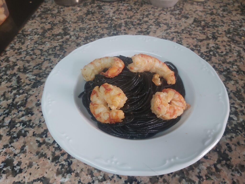 Spaghetti nero with garlic and shrimp