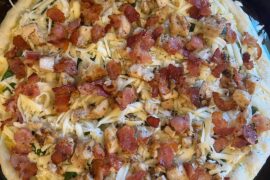 Homemade Alfredo Sauce with bacon, chicken and spinach. Used the dough from yesterday and cut in half and came out great