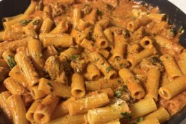 Rigatoni and sausage in a spicy tomato-cream sauce.