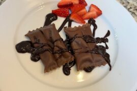 Chocolate dippio with a Nutella & sweet mascarpone fillings. Served with a dark chocolate ganache and sugar sweated berries.