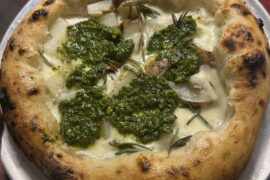 Potatoes, mozzarella, rosemary and pesto.