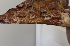 A crispy slice of pizza.