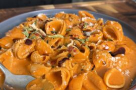 Spicy Mala Vodka Sauce Shells with Shin Ramen seasoning