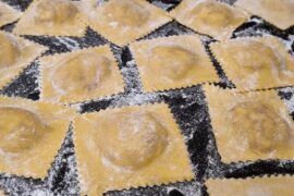 Canastra Cheese with Caramelized Onions Ravioli. In the last photo they are portioned and packed for sale.