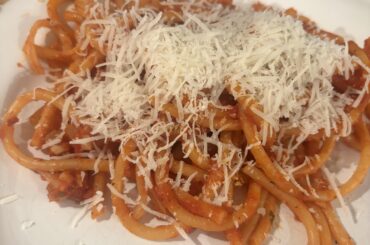 Bucatini all’Amatriciana with freshly grated Pecorino Romano