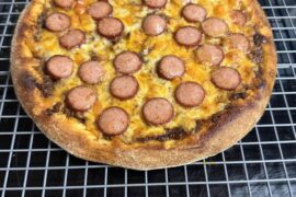 Annual Cincinnati Reds Opening Day cheese coney pizza with Skyline Chili, Woeber’s spicy mustard, and Kahn’s Big Red Smokies