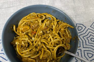 Homemade pesto with sundried tomatoes and prawns
