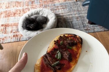 Homemade Lengue Di Pizza with slow roasted chuck and basil