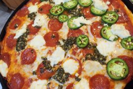 Cast iron gass grill pepperoni jalapeño ricotta pesto mozzarella