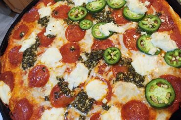 Cast iron gass grill pepperoni jalapeño ricotta pesto mozzarella